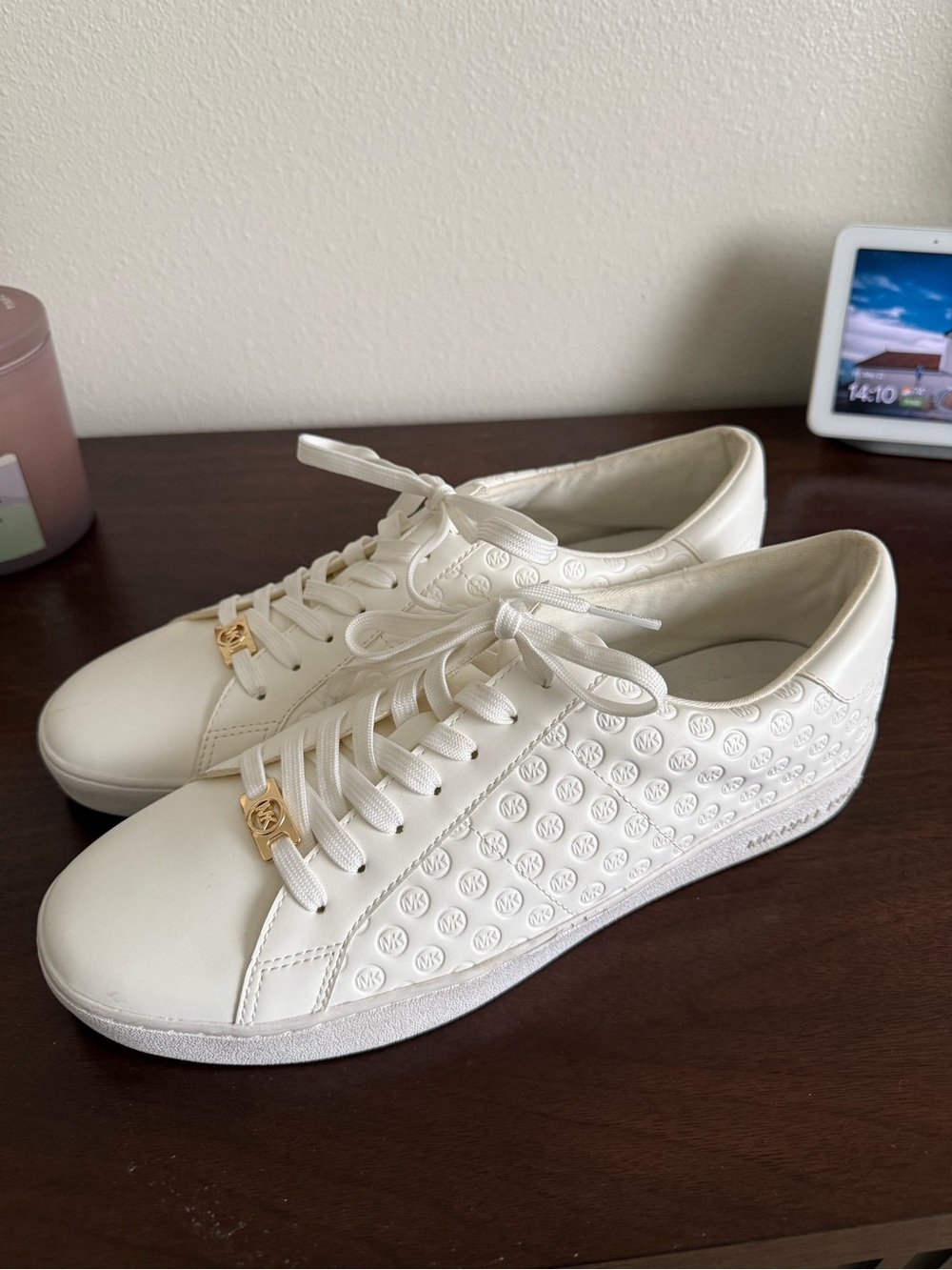 Michael Kors Cream Leather Logo-Pattern Lace-Up Sneakers with Gold Accents